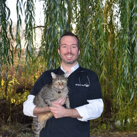Dr. Peter Woodward holding a cat.